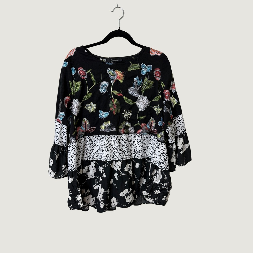 Calessa Floral Embroidered Bell Sleeve Top Black Mixed Print Boho Peplum 1X